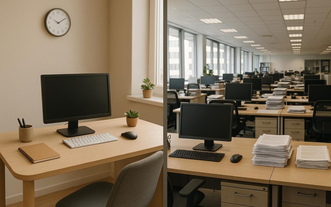 An empty office workspace with computers and paperwork