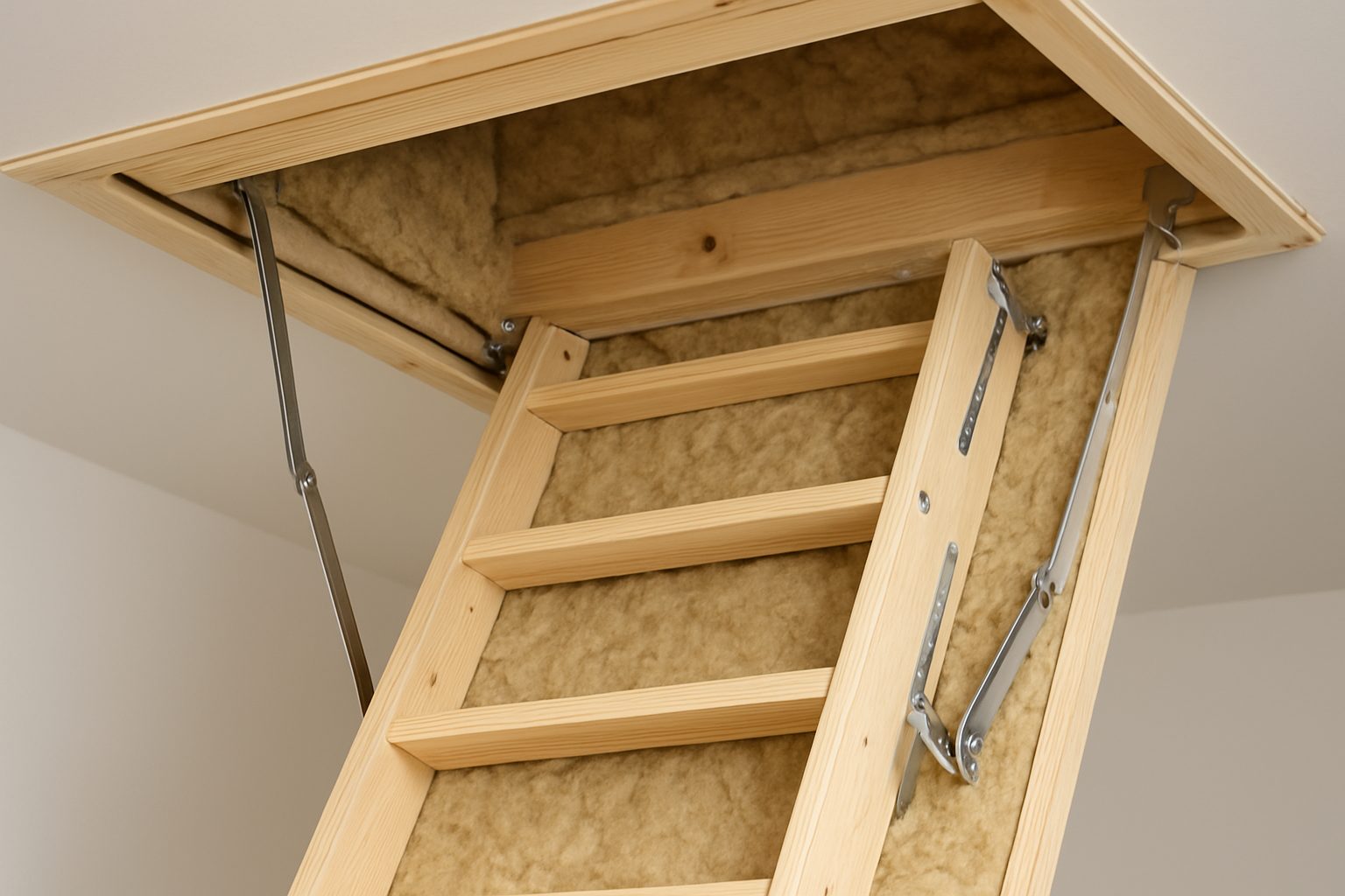 Close-up view of a wooden loft ladder extended from an insulated ceiling hatch