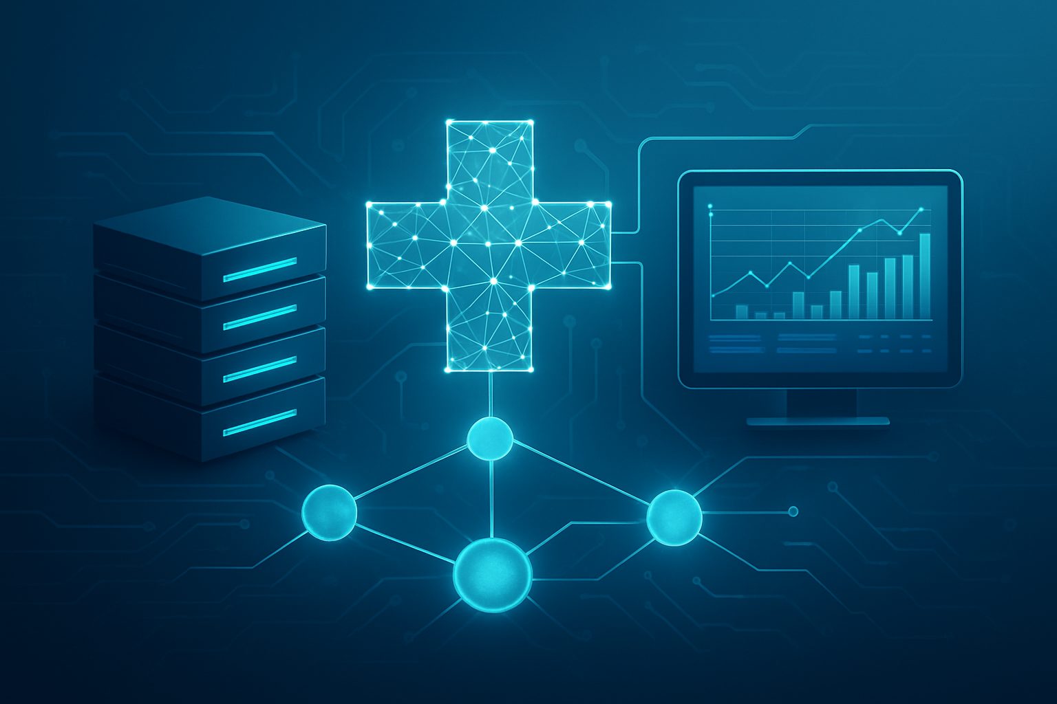 A digital representation of a healthcare system featuring servers, a healthcare symbol, and a data visualization on a sc