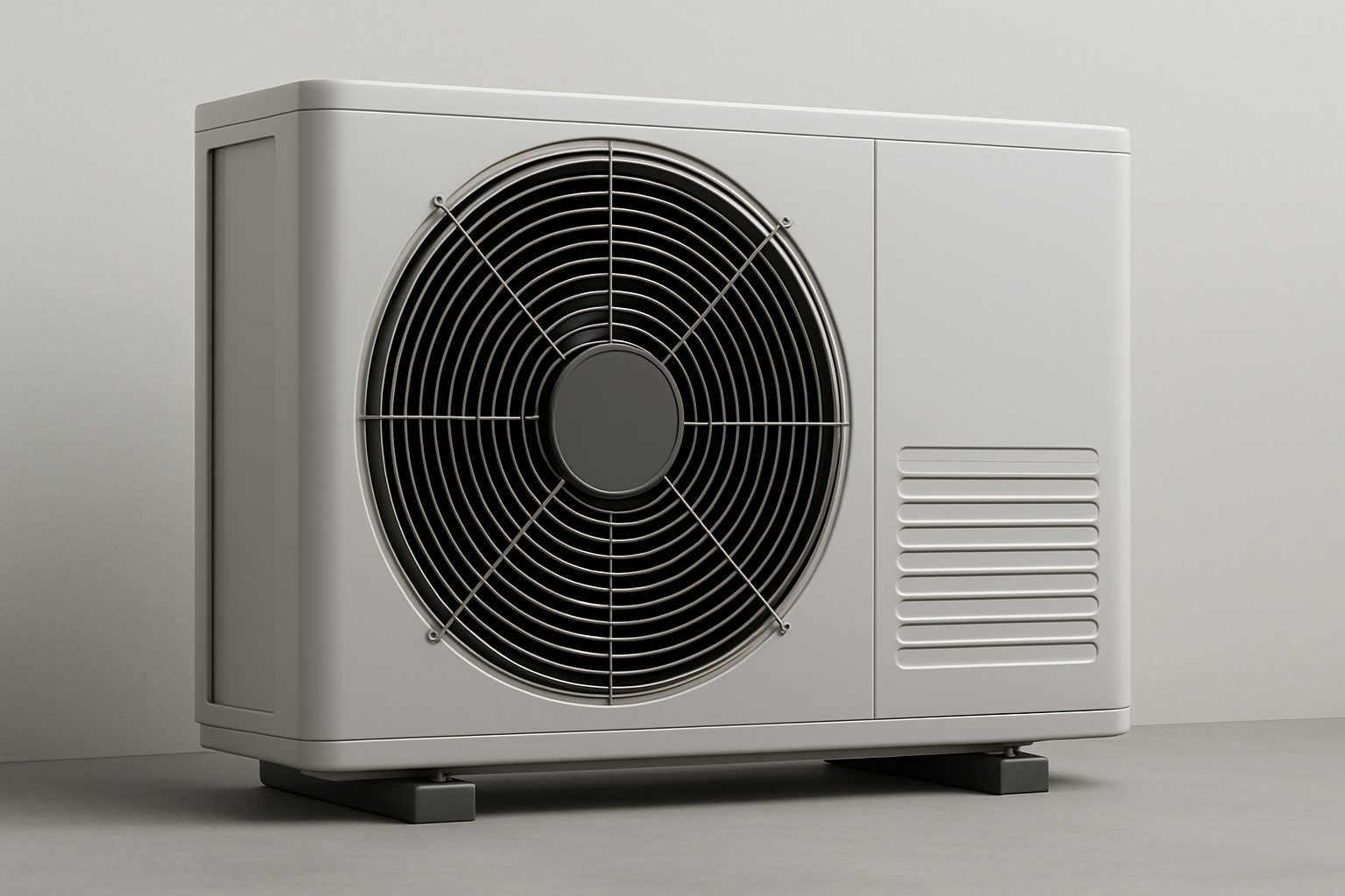 Close-up of a heat pump unit with a fan and casing
