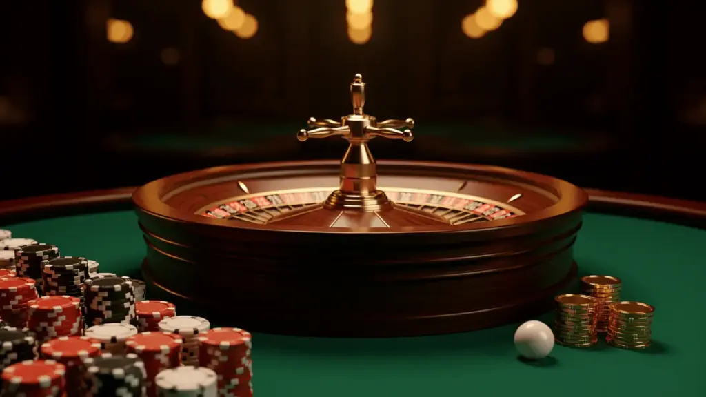 Close-up of a roulette wheel surrounded by poker chips and stacks of coins on a green table